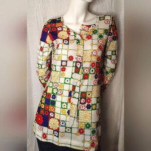 Rodier Paris France Vintage Colorful Floral Grid Button-Up Blouse Sz Med